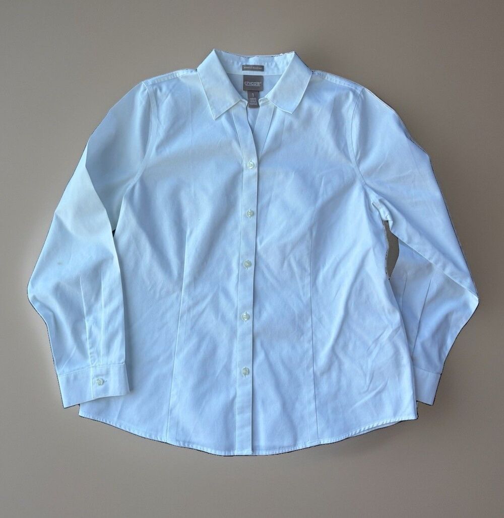 Chicos No Iron White Button Down Shirt Blouse Womens Size 1 Medium Long Sleeve